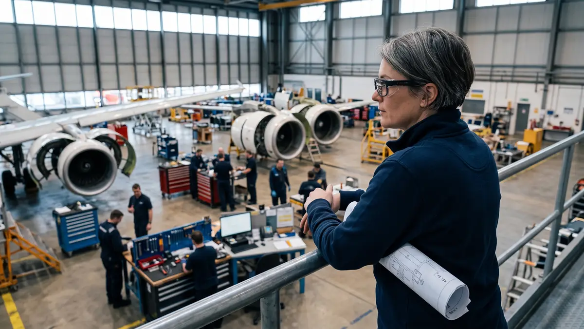 A maintenance operations lead watches the hangar floor from a mezzanine rail above an aircraft with its engine cowls open